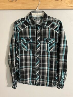 Buckle Black, Teal & White Plaid Athletic Fit Snap Button-Down Shirt Large